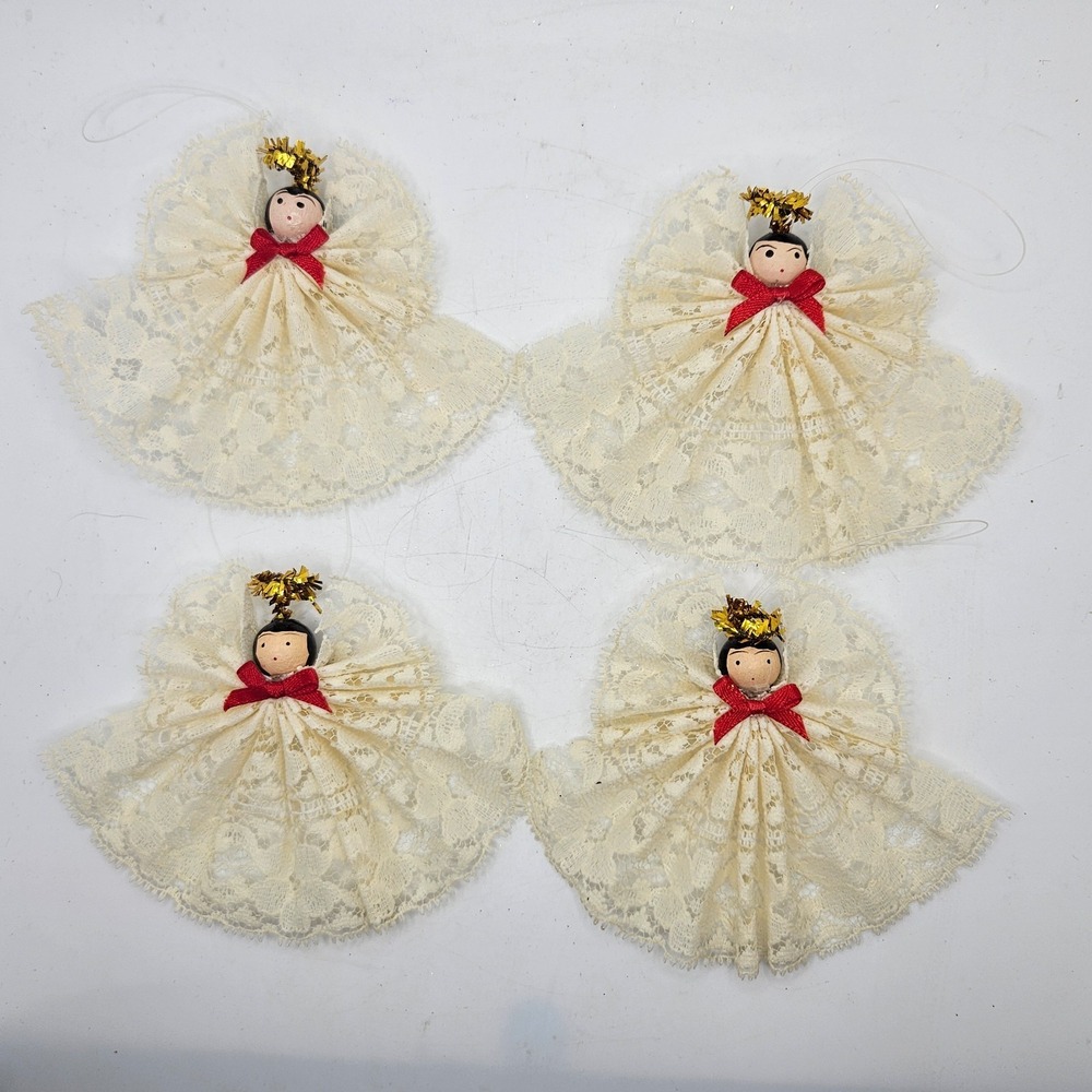 Vintage Handmade Lace Angel Christmas Ornaments Lot of 4 Wood Bead Faces